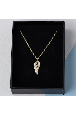 Nagiss Yaprak Model Zirkon Taşlı 925 Ayar Gümüş Gold Rengi Kadın Kolye Gold