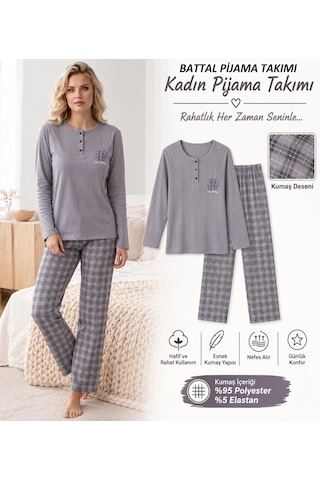 Boyraz Lindros Kadın Düğme Yaka Raporlu İnterlok Kışlık Battal Pijama Takımı 02702 - 1 Adet Füme