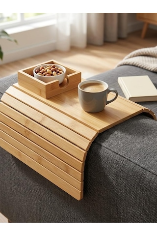 Mucit Home Bambu Koltuk Kenarı Tepsisi Ve Organizer Katlanabilir Bölmeli Ahşap Kanepe Yanı Sehpa, Bardaklık Ve Kumandalık