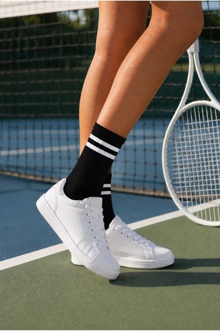 Tenra Ace Kadın Çizgili Tenis Çorabı - Spor Soket Çorap Siyah