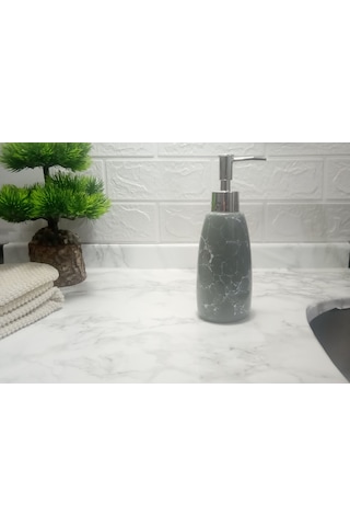 Mermer Desenli Gri Sıvı Sabunluk 8x8x17cm 300ml Banyo Seti