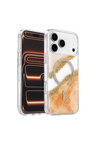 Onegif Apple Apple iPhone Uyumlu 17 Pro Max/18 Pro Max Lotus Simli Magsafe Kapak - Turuncu Düz Renkli