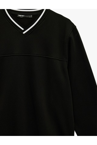 Koton Regular Fit Uzun Kollu Şardonlu Şerit Detaylı V Yaka Sweatshirt Siyah 6wam70302mk Siyah