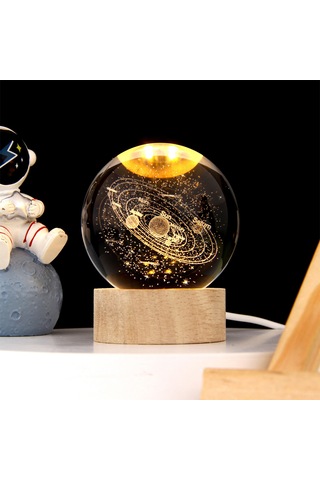 Mufunye 6cm Dünya Kristal Top + 6cm Yuvarlak Isımsı Işıklı Ahşap Tabanlı Usb Güneş Sistemi 3d Işıklı Masaüstü Dekoratif Aydınlatıcı Hediyelik Ürün