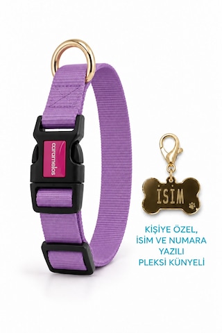 Caramelos İsimli Köpek Tasması, Ayarlanabilir Yavru, Mini, Orta Ve Büyük Irk Köpek Tasması, Lila