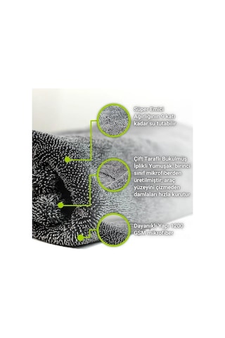 Polham 40x60cm 1200gsm Süper Su Emici Özellikli Mikrofiber Araç Kurulama Havlusu, Çizik Ve İz Bırakmaz Bez