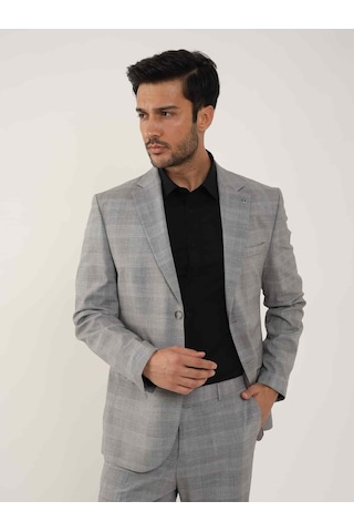 Dufy Gri Erkek Slim Fit Ekose Desenli Mono Yaka Takım Elbise - 95012-gri Gri