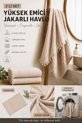 2'li Yüz Havlusu Seti 50x90 Cm Pamuklu El Havlusu Püsküllü Yumuşak Dokulu Yüksek Emici Günlük Kullanım Bej