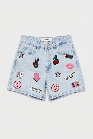 it's basic Kadın Ice 4s6-3 Relax Mom Fit Emoji Nakış Detaylı Özel Tasarım Denim Şort Ice Rengi