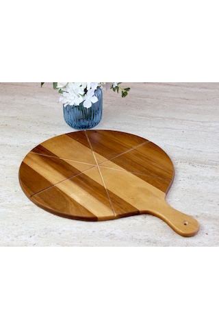 Doğal Akasya Ağacı Yuvarlak Pizza Ve Sunum Tahtası, Saplı Büyük Boy Jumbo Uyumlu Ahşap Şarküteri Tepsisi 42 X 54,5 X 1,5 Cm