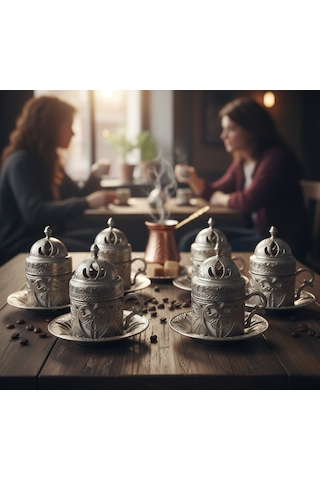 Defne 6 Kişilik 24 Parça Porselenli Gümüş Renk Kahve Fincan Seti Gümüş