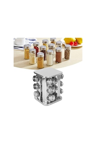 Döner Tezgah Üstü Baharatlık Rafı, 12 Adet Baharatlık Seti Gümüş