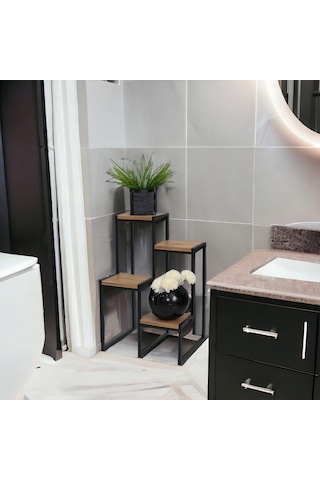 Metal Saksılık 4 Ahşap Raflı Dekoratif Saksı Standı Garden Çam