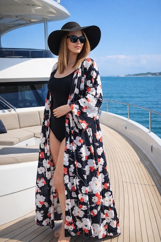 Wellway Viskon Saten Kumaş Kimono - Pareo - Sabahlık - Kuşak Dahildir - Siyah Siyah
