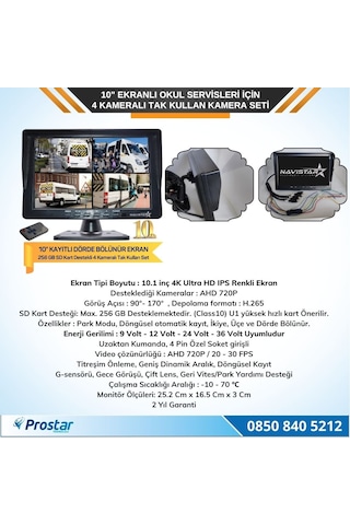 Kayıtlı 10" Dörde Bölünebilir 4 Kameralı Ahd 720p Okul Servisler Için Kamera Seti