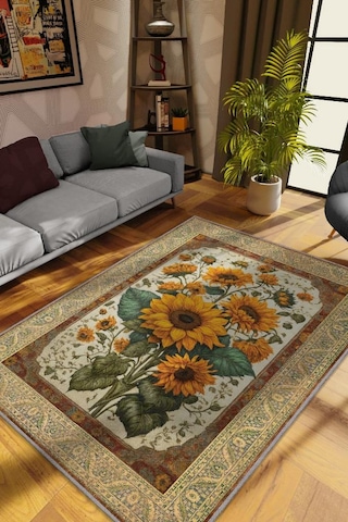 Homshtag Art Deco Ay Çiçeği Vintage Halı Görünümlü Dijital Baskı Çok Renkli Halı,rustik Çiçekli Halı Çok Renkli