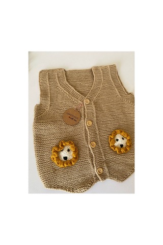 Adenya Sepeti El Örgüsü Açık Kahve Aslan Figürlü Bebek Yeleği Handmade Çok Renkli