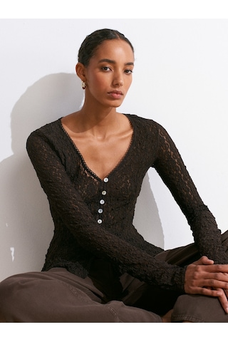 Dilvin 60433 Düğmeli Peplum Dantel Hırka-koyu Kahve Koyu Kahverengi