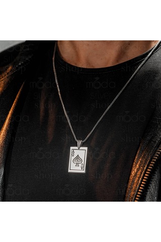 925 Ayar Gümüş Maça Ası Tasarım Erkek Kolye Gümüş