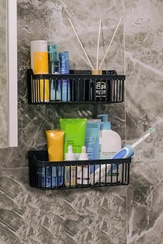 Yapışkanlı Banyo Rafı, 2'li Banyo Düzenleyici, Duş Rafı Organizer Şampuanlık, Duşakabin Rafı, Banyo Organizeri, Banyo Askısı Plastik Siyah