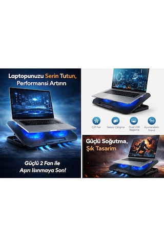 Çift Fanlı Laptop Soğutucu Stand Usb Girişli Sessiz Ve Ayarlanabilir Katlanabilir Stand