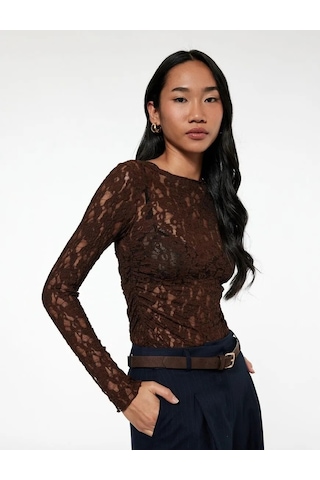 Koton Yarı Transparan Kayık Yaka Kadın Dantel Bluz 6wak80174ek Kahverengi