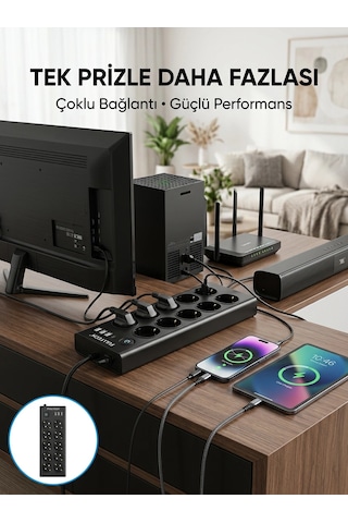 10 Prizli Usb Destekli Çoklu Priz Type-c Şarj Girişli Güvenli Güç Ünitesi Normal