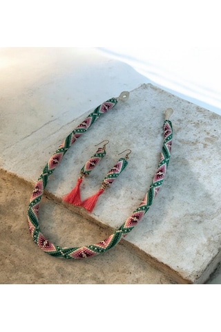 Pembe Yeşil Desenli El Yapımı Cam Boncuk Kolye Ve Küpe Seti Beyaz - Pembe