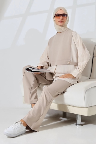Mihran Butik Kadın Taş Rengi Mevsimlik Penye Alt Üst Spor Ve Rahat Tesettür Takım Taş Rengi