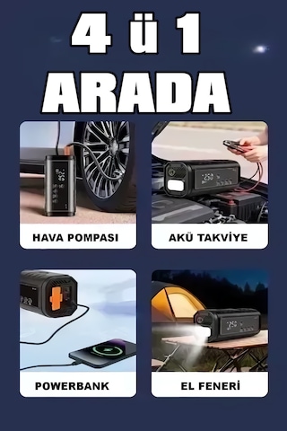 Ht15 2 Fonksiyonlu Akü Takviye & Hava Kompresörü 12v 150 Psı Dijital Lastik Pompası Powerbank Özellikli 0 - 150 Psı 0 - 10 Bar