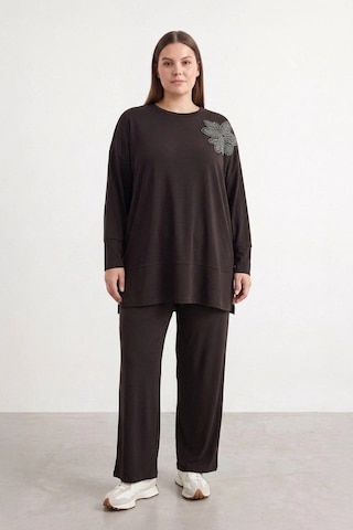 Puane Omuz Çiçek Desen Büyük Beden Pantolonlu Takım 19287 Brown Browni
