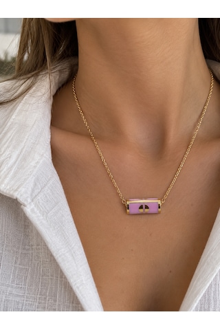 14 Ayartasarım Pembe Mineli Ve Gold Detaylı Silindirik Altın Kolye