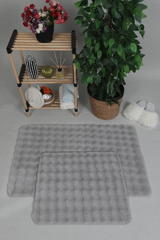 Modern Bubble Yıkanabilir Kaymaz Peluş Banyo Paspası Halısı 2'li Klozet Takımı 50x80-50x40cm Gri