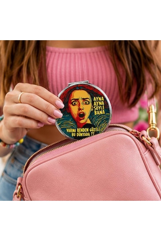 Makyaj Aynası Çığlık Tasarımlı Cep Aynası El Aynası Kişiye Özel Hazırlanabilir Çift Taraflı Yuvarlak Çanta Aynası Pop Art Hediye Çok Renkli