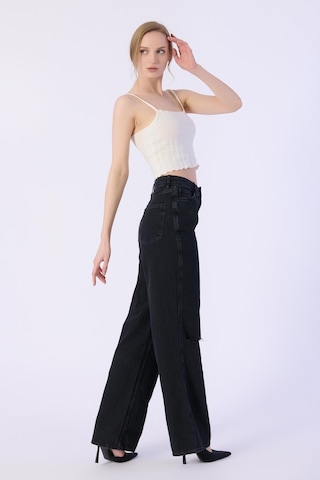 Yüksek Bel Wide Leg Dizler Lazerlı Jeans-siyah Siyah