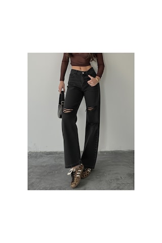 Blue Marlın Çift Diz Lazer Yırtık Boyfriend Bol Paça Jeans Siyah