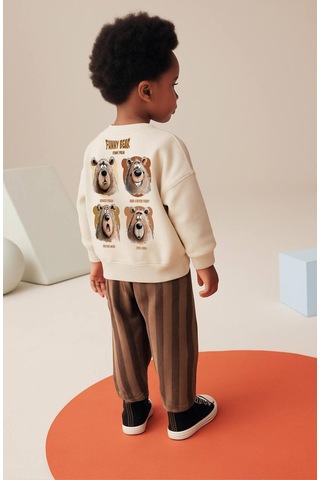 Erkek Çocuk Kahve Renk Funny Bear Baskılı Sırt Detaylı Sweatshirt Çizgili Jogger Eşofman Alt Üst Takım Krem