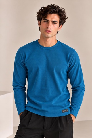 Alexandergardi Bisiklet Yaka İnce Fitilli Basic Sweatshirt Turkuaz