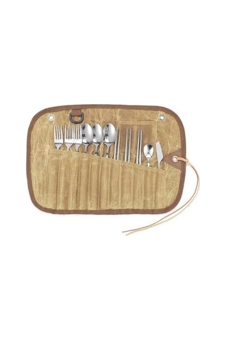 Dancemonkey Kampanya Çantası - 11 Parça Paslanmaz Çelik Yemek Takımı Çatal, Kaşık, Çubuk - Outdoor, Piknik İçin Sarı Sarı