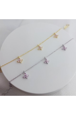 925 Ayar Gümüş Sallantılı Pembe Gold Kelebek Bileklik Altın