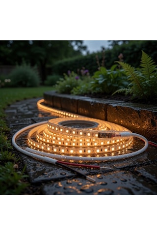 220v 120 Led Dış Mekan Şerit Led Amber Işık Arkası Yapışkanlı Suya Dayanıklı Dekoratif Aydınlatma 5 metre