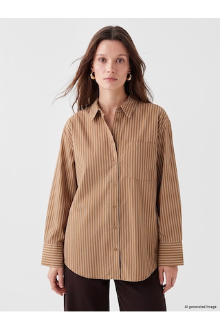 Lcw Modest Sarı Çizgili Oversize Poplin Kadın Gömlek