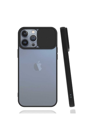 Noktaks - Apple Uyumlu iPhone 13 Pro Max - Kılıf Slayt Sürgülü Arkası Buzlu Lensi Kapak - Siyah