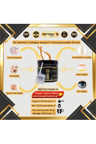 Dr. Sammy's Kolajen 10.000 Mg Tip 1-3 %100 Saf Patentli Hidrolize Sığır Kolajeni, 150mg Hyaluronik Asit, 500 Mg Vitamin C, 200 Mg Glutatyon, 25mg Resveratrol, 100 Mg Elastin, Core 15 Diyet Takviyesi