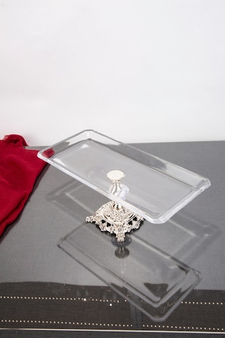 Argkristal Nude Gümüş Detaylı Dikdörtgen Tepsi Servis Sunum Tepsisi 30x14x15 Cm Gümüş