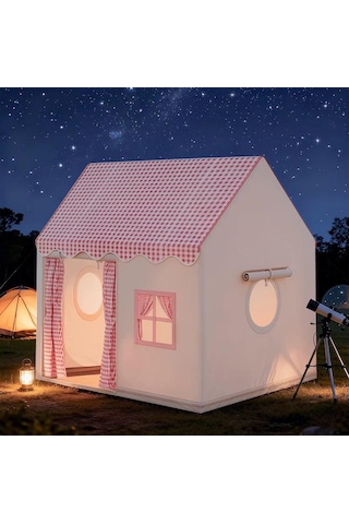 Pembe Damalı Lüks Çocuk Oyun Çadırı - Büyük Boy Ev Tipi İç Ve Dış Mekan Oyun Evi 130x120x100 Cm