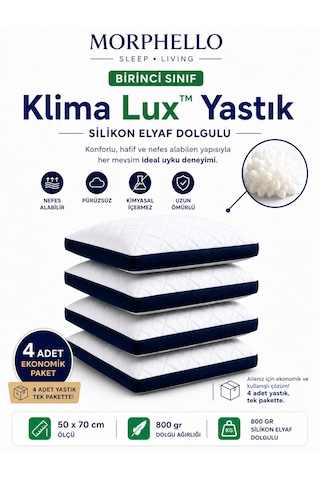 Morphello Klimalux Birinci Sınıf Klimalı Yastık 50x70 Cm 800 Gr Silikon Elyaf Dolgulu Nefes Alan Yan Spacer Makinede Yıkanabilir 4 Adet Beyaz-lacivert Spacer