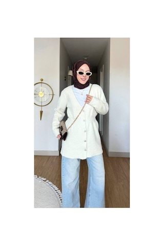 Nes Moda Kadın Düğme Detaylı Bel Büzgülü Angora Tesettür Triko Hırka Kazak Krem Krem