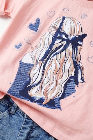 Joy Kids Kız Çocuk Kot Şortlu Taşlı Takım 3-10yaş Pembe AÇIK PEMBE