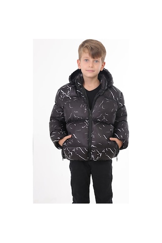 Erkek Çocuk Siyah Çıkabilir Kapüşonlu Su Ve Rüzgar Geçirmez Cepli Kışlık Şişme Mont Siyah